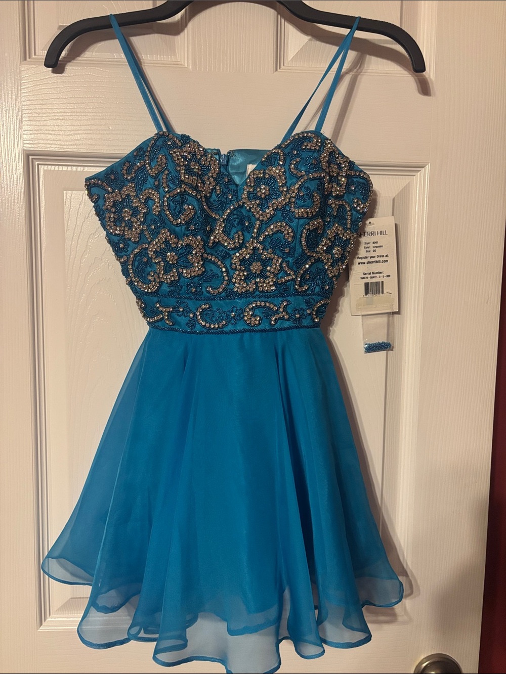 NWT Sherri Hill Beaded Turquoise Blue Spaghetti Strap Party Dress size 00